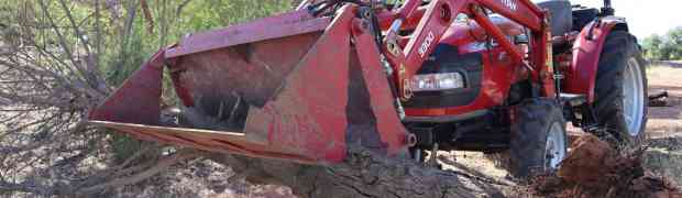 Move a fallen tree with frontend loader and 4 in 1 bucket on a tractor